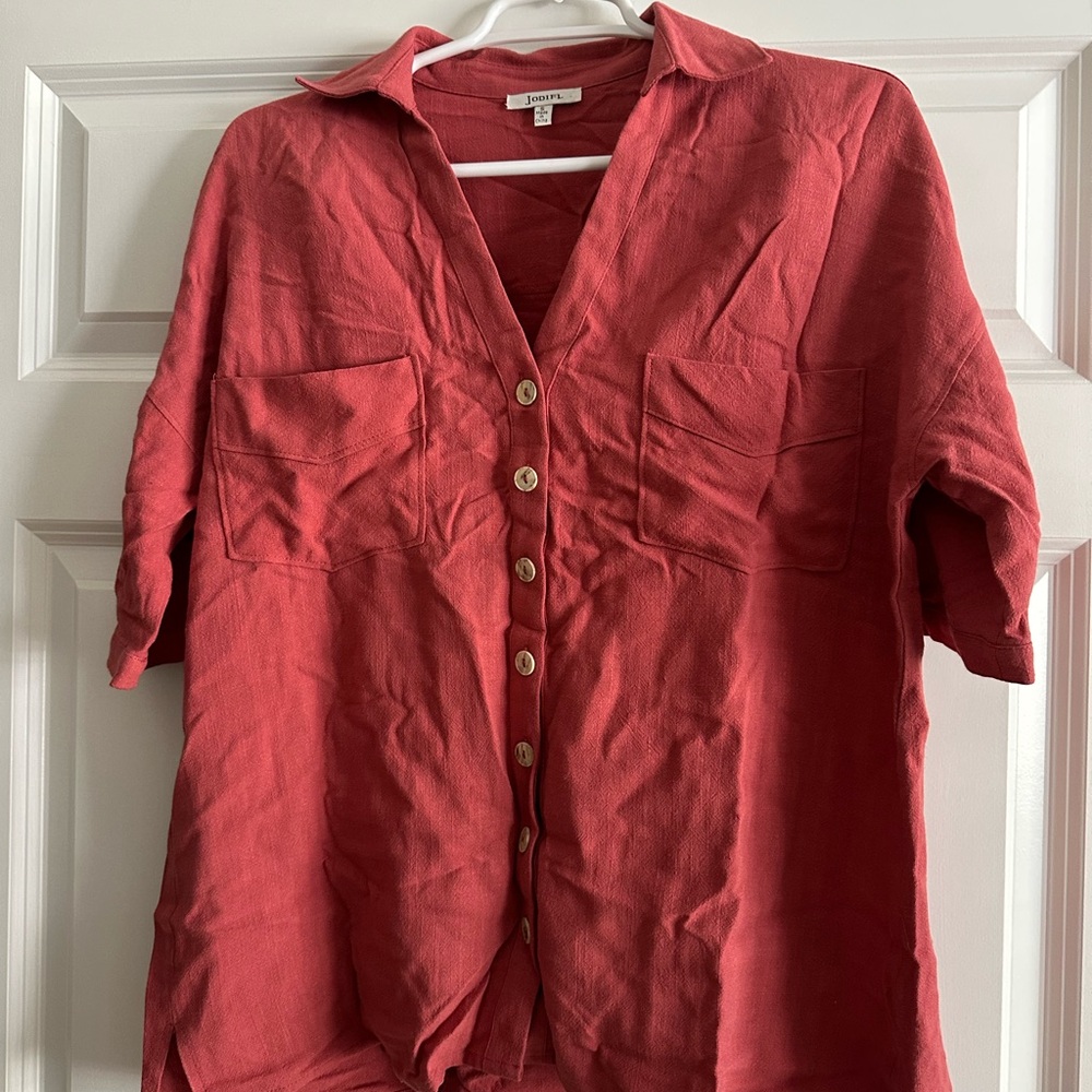Red Button-Front Pocket Linen Shirt